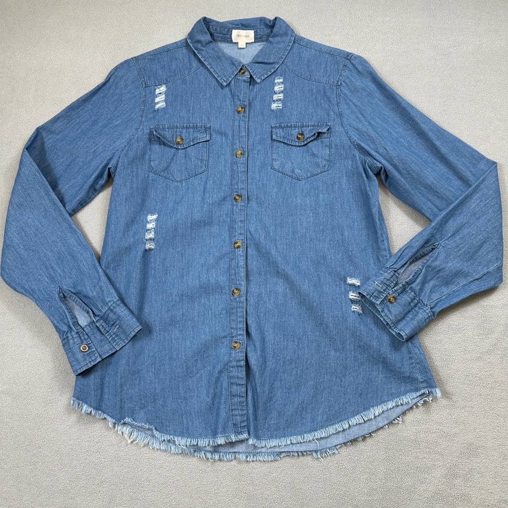Dizzy Gal Denim Shirt Distressed Womens M Blue Frayed Button Up Long Sleeve‎